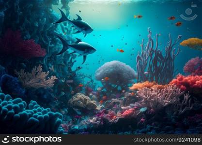 Aqua scene with corals and many fish on blue underwater background. Neural network AI generated art. Aqua scene with corals and many fish on blue underwater background. Neural network generated art