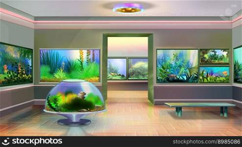 Aquarium fish shop interior. Digital Painting Background, Illustration.. Aquarium fish shop illustration