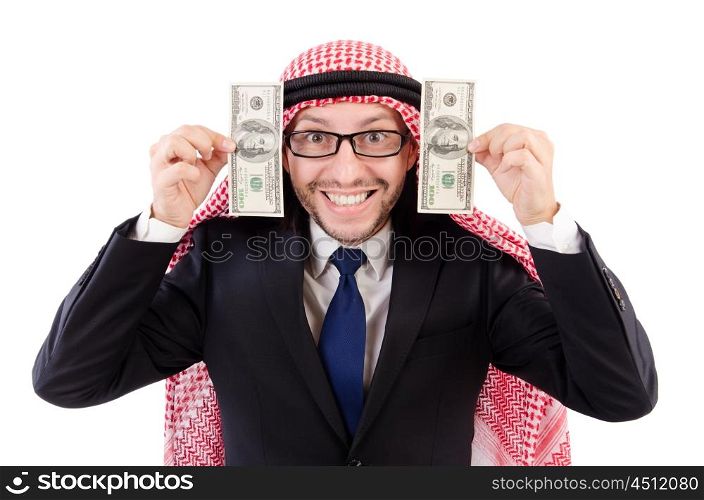 Arab businessman in eyeglasses with dollar in funny concept isolated on white