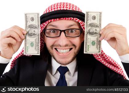 Arab businessman in eyeglasses with dollar in funny concept isolated on white