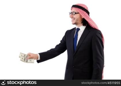 Arab businessman in eyeglasses with dollar isolated on white