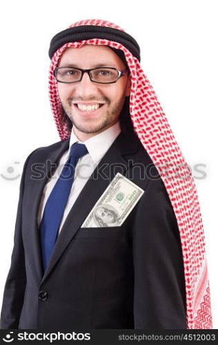 Arab businessman in eyeglasses with dollar isolated on white