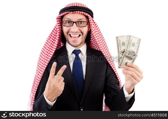 Arab businessman in specs with money isolated on white