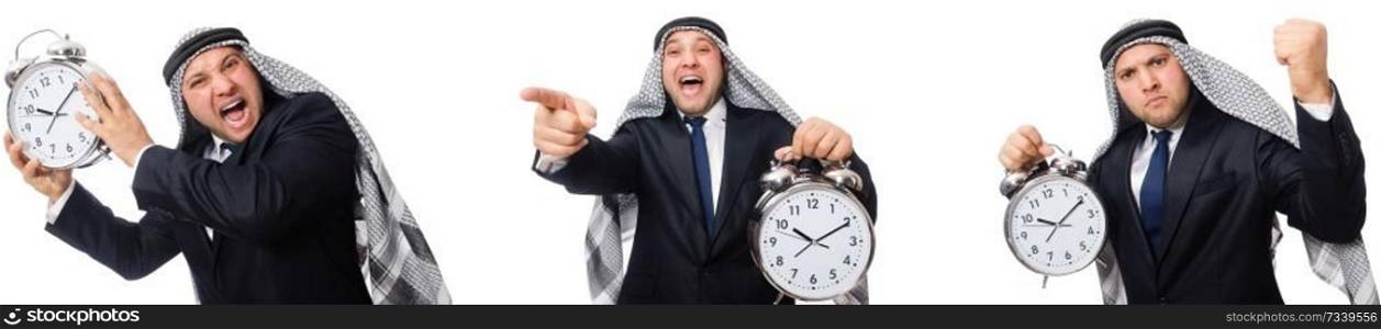Arab businessman with alarm-clock in time management concept 