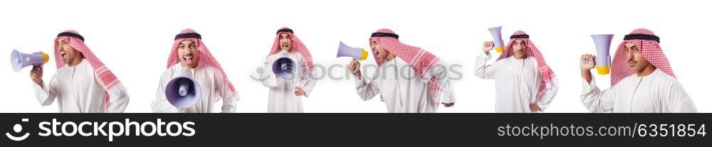 Arab businessman with bullhorn isolated on white