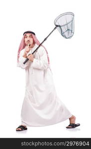 Arab businessman with catching net on white