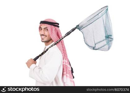 Arab businessman with catching net on white