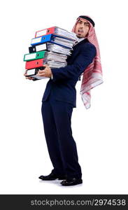 Arab businessman with many folders on white