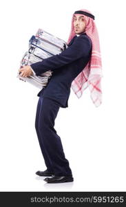 Arab businessman with many folders on white