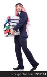 Arab businessman with many folders on white