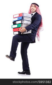 Arab businessman with many folders on white