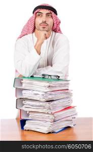 Arab businessman with many folders on white