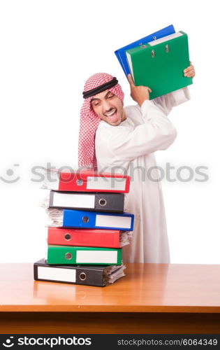 Arab businessman with many folders on white