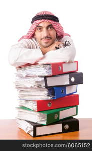 Arab businessman with many folders on white