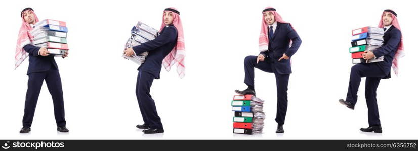 Arab businessman with many folders on white