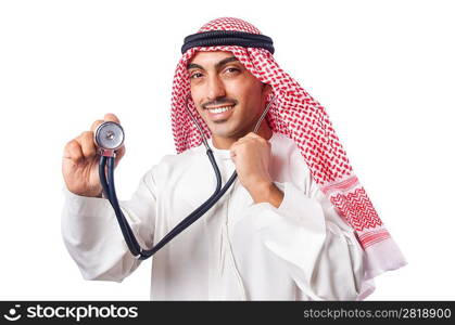 Arab doctor with stethoscope on white