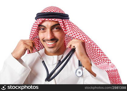 Arab doctor with stethoscope on white