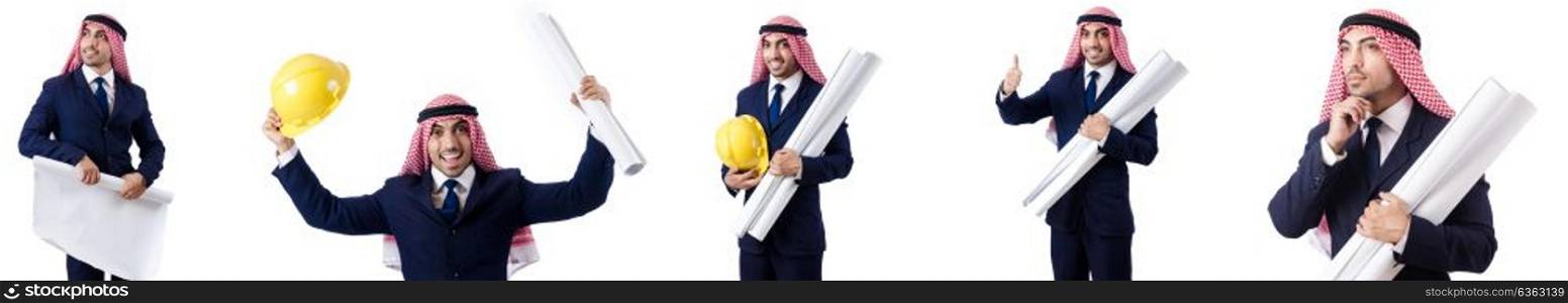 Arab engineer with drawings on white
