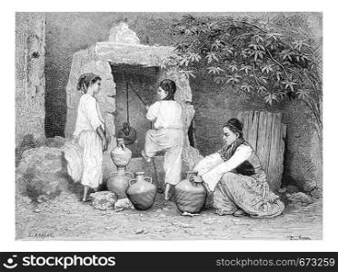 Arab Girls Drawing Water from a Well in Acre, Israel, vintage engraved illustration. Le Tour du Monde, Travel Journal, 1881