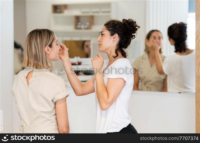 Arab makeup artist making up a woman in a beauty center. Beauty and Aesthetic concepts.. Arab makeup artist making up a woman in a beauty center.