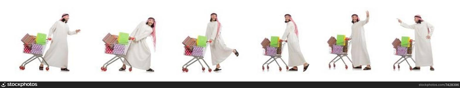 Arab man doing shopping isolated on white