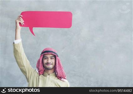 Arab man holding"e tag in hands over head. Design element for banner background or adding more text