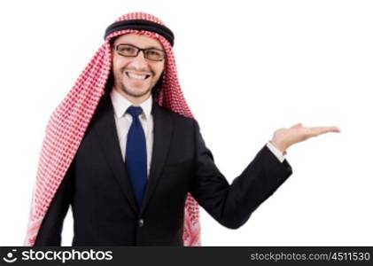 Arab man in specs holding hands isolated on white