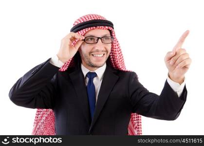 Arab man in specs pressing virtual buttons isolated on white