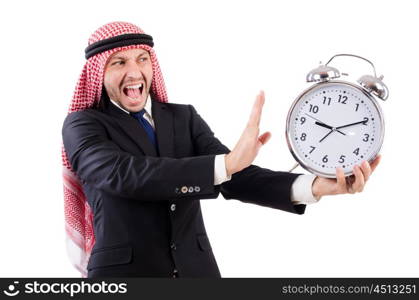 Arab man in time concept on white
