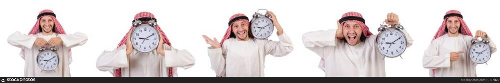 Arab man in time concept on white