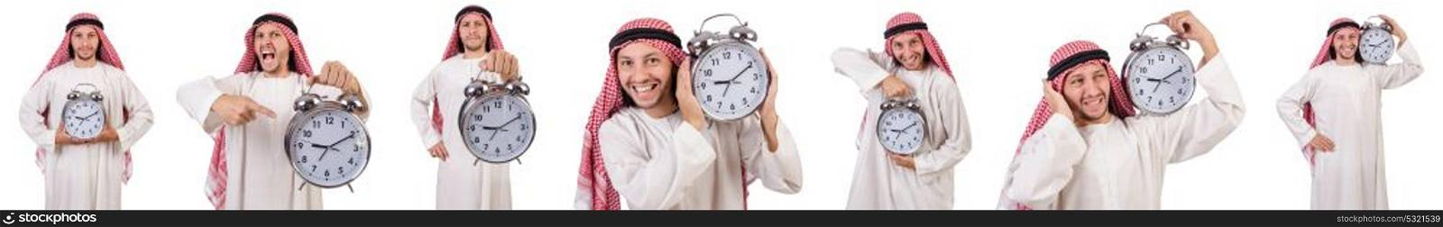 Arab man in time concept on white. The arab man in time concept on white