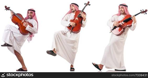 Arab man playing cello isolated on white 