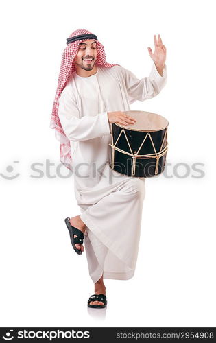 Arab man playing drum isolated on white