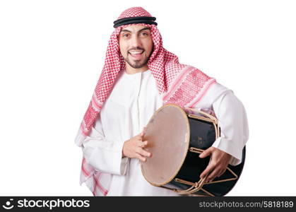 Arab man playing drum isolated on white