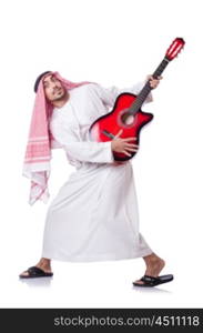 Arab man playing guitar isolated on white