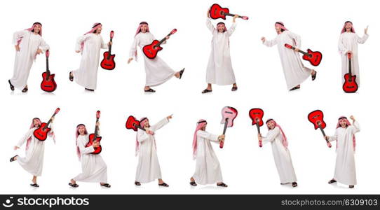 Arab man playing guitar isolated on white