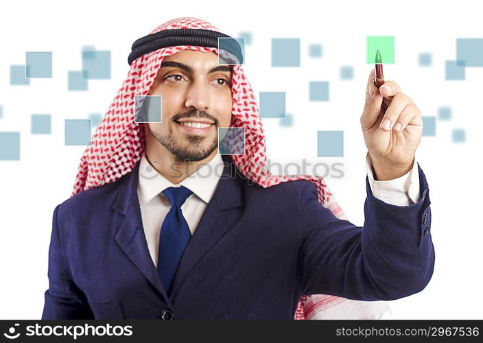 Arab man pressing virtual buttons