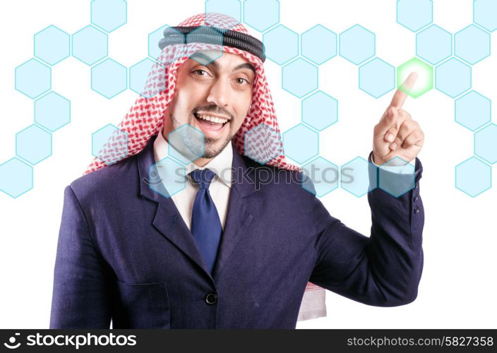 Arab man pressing virtual buttons