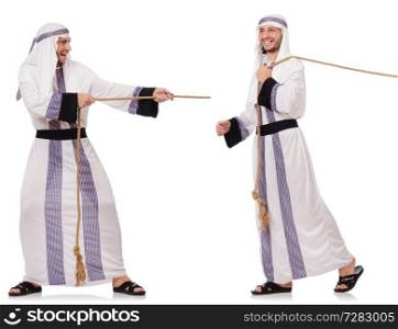 Arab man pulling rope in tug of war concept 