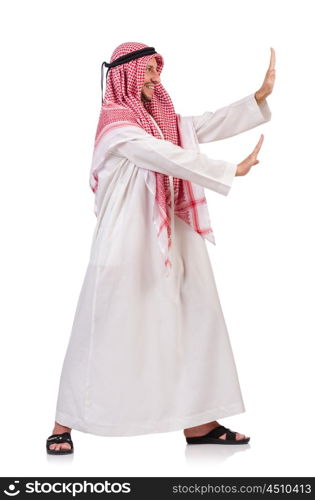 Arab man pushing away virtual obstacle isoalted on white