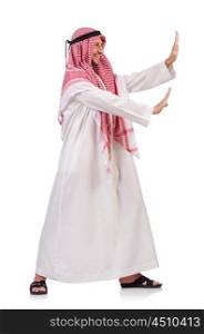 Arab man pushing away virtual obstacle isoalted on white