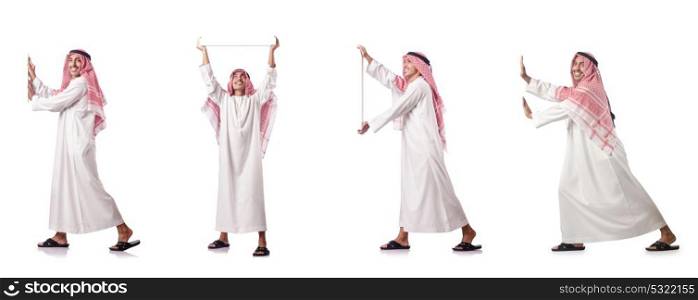 Arab man pushing virtual obstacle on white