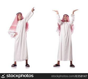 Arab man pushing virtual obstacle on white
