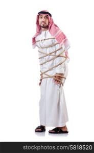Arab man tied up with rope on white