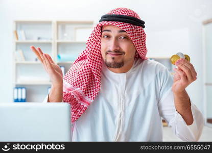 Arab man with bitcoin in cryptocurrency mining concept