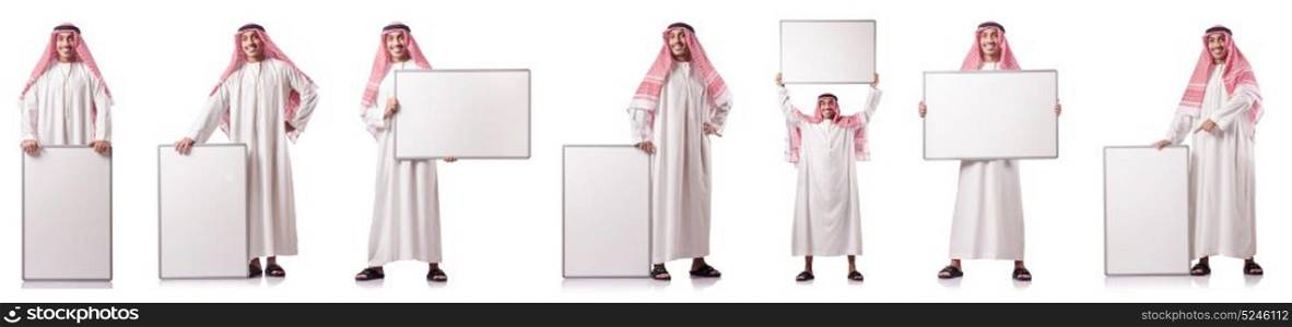 Arab man with blank board on white
