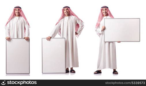 Arab man with blank board on white