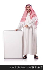 Arab man with blank board on white