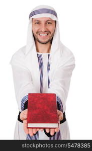 Arab man with book isolated on white