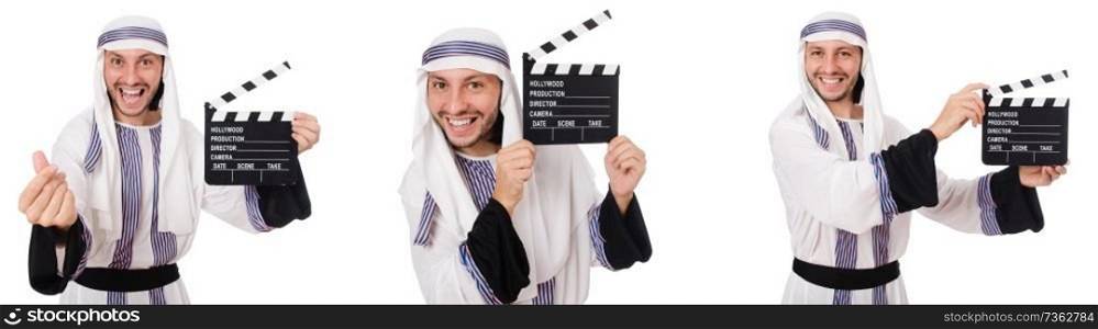Arab man with clapper-board isolated on white 